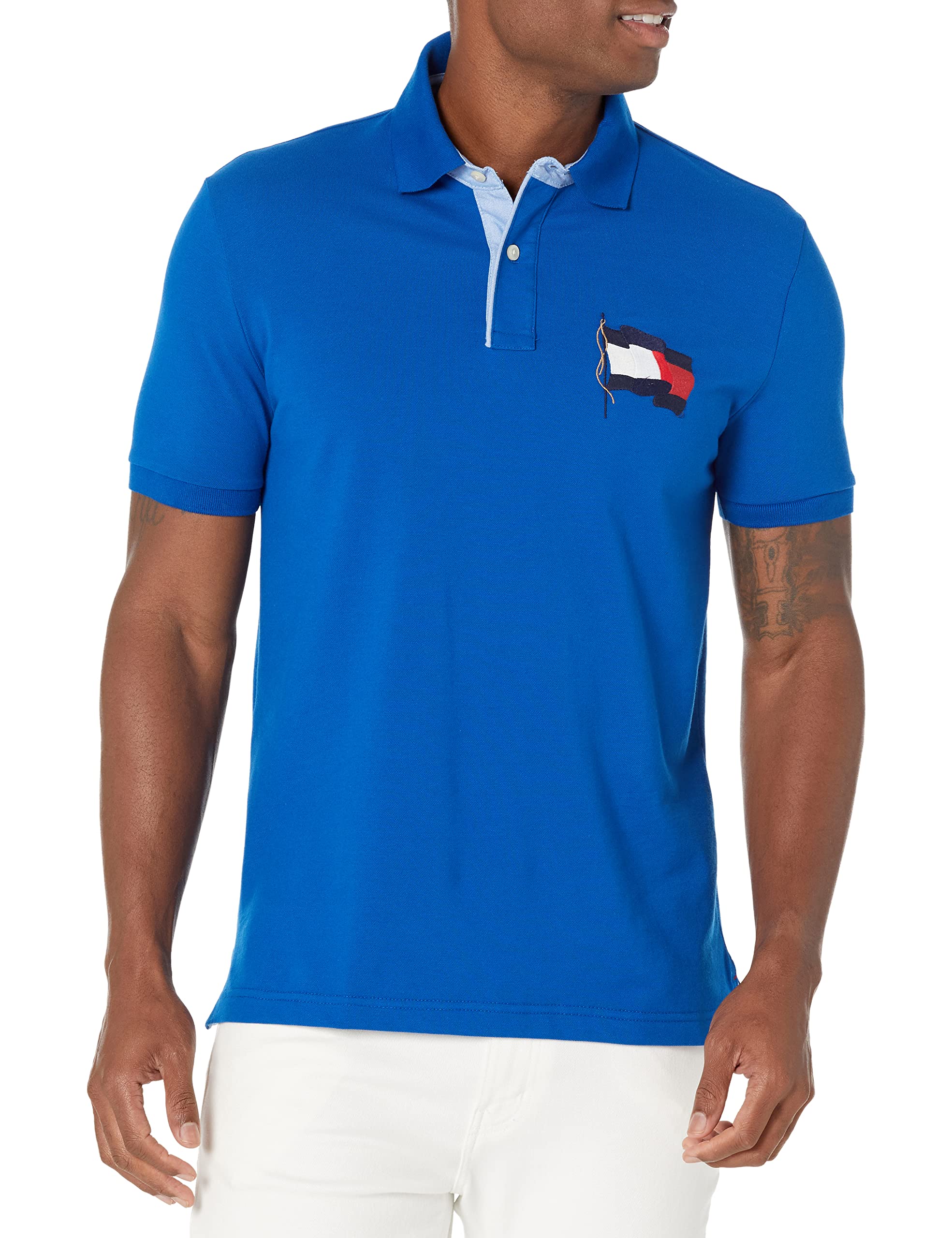 Tommy Hilfiger Mens Flag Pride in Custom Fit Polo Shirt, Greek Isle Blue, Medium US Image
