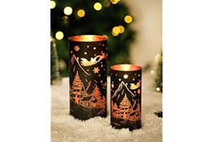Romadedi Christmas Candle Holders Centerpiece - 2 Pcs Black Gold Hurricane Glass Pillar Candle Holder with Snow House Reindeer Decor for Table Centerpiece Fieplace Dining Room Xmas Gift