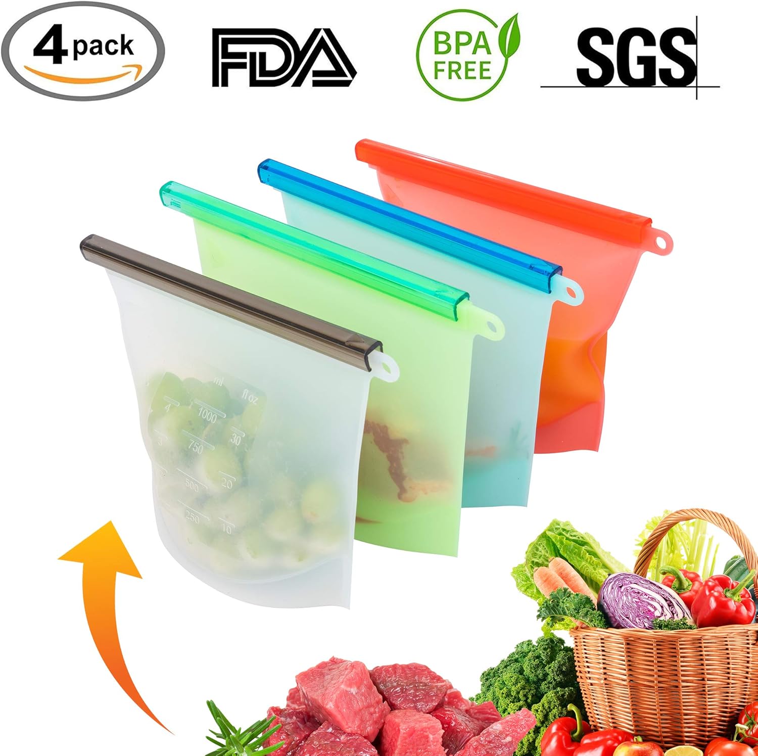 Reusable Silicone Food Bags By MG Revival [4Pack] BPAFree Silicon