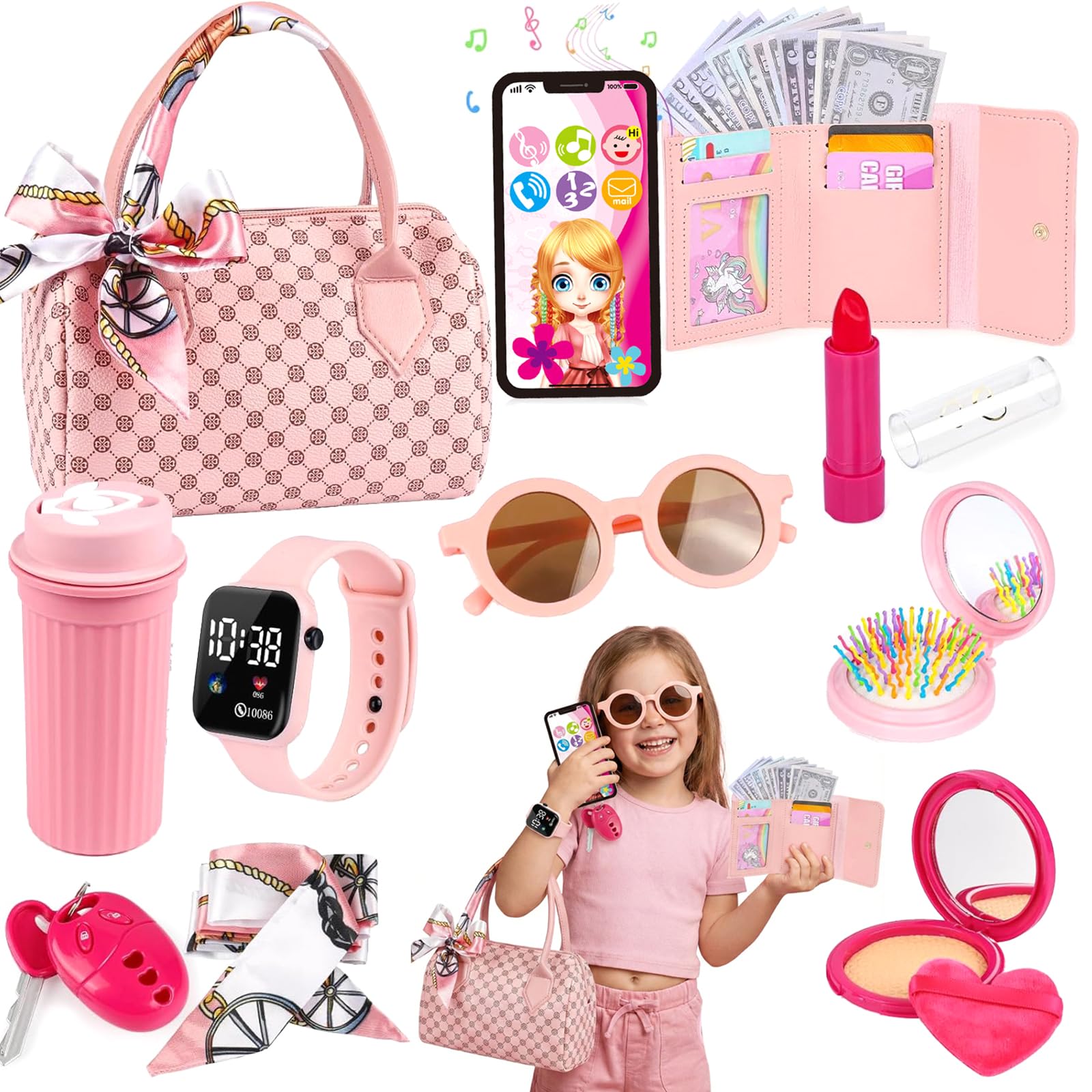 Play Purse for Little Girls, Play Handbag Set with Pretend Makeup, Fun Makeup and Role Play Travel Toy Gift Presents, Little Girls Purse with Accessories for Girl Age 3+