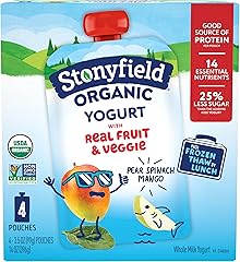 Stonyfield Organic Kids Whole Milk Yogurt Pouches 3.5 oz. Each Ct - Real Fruit Veggie, Pear Spinach Mango, (Pack of 4)