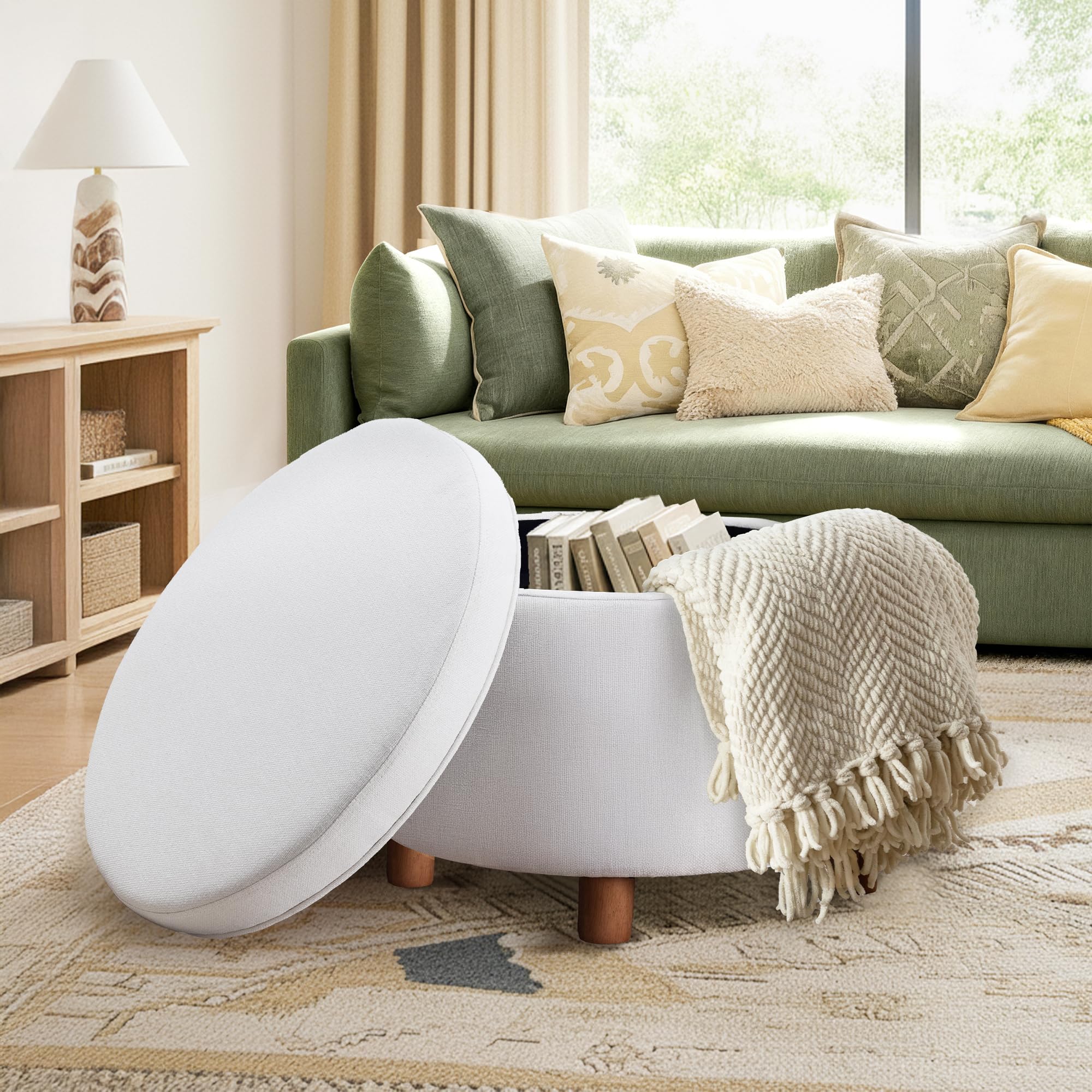 Photo 1 of ***Need to be clean***
SNUGWAY Classic 24" Round Storage Ottoman Footstool with Removable Lid, Upholstered Faux Leather/Fabric, Wooden Legs for Living Room & Bedroom