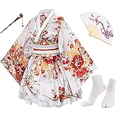 Japanese Anime Women's Dance Kimono Robe Fancy Dress Hand Held Silk Folding Fans Tabi Hairstick Socks Set