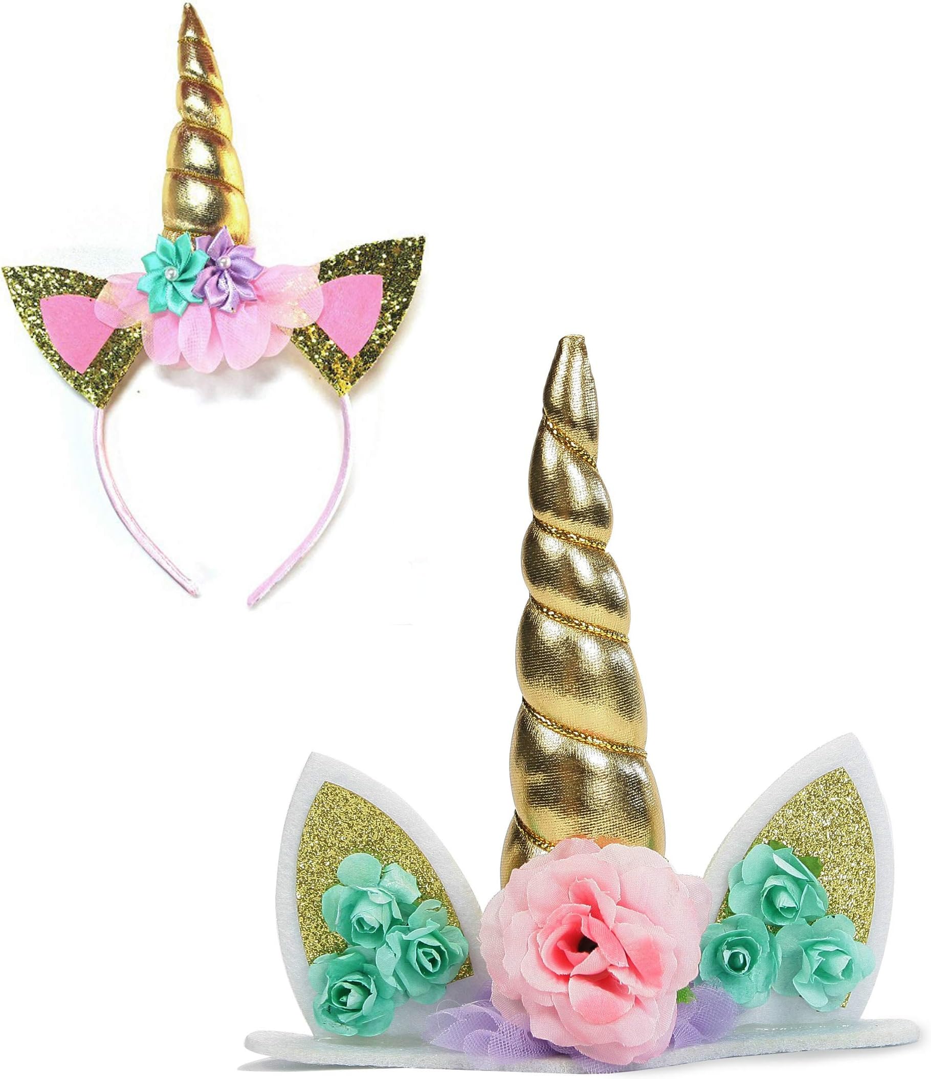Unicorn Party Decorations Supplies Favors Set - Gold Unicorn Cake Topper Reusable Horn and Cat Ear Flower Headband Head Band for Birthday Party Baby Shower Wedding Decoration and Celebration