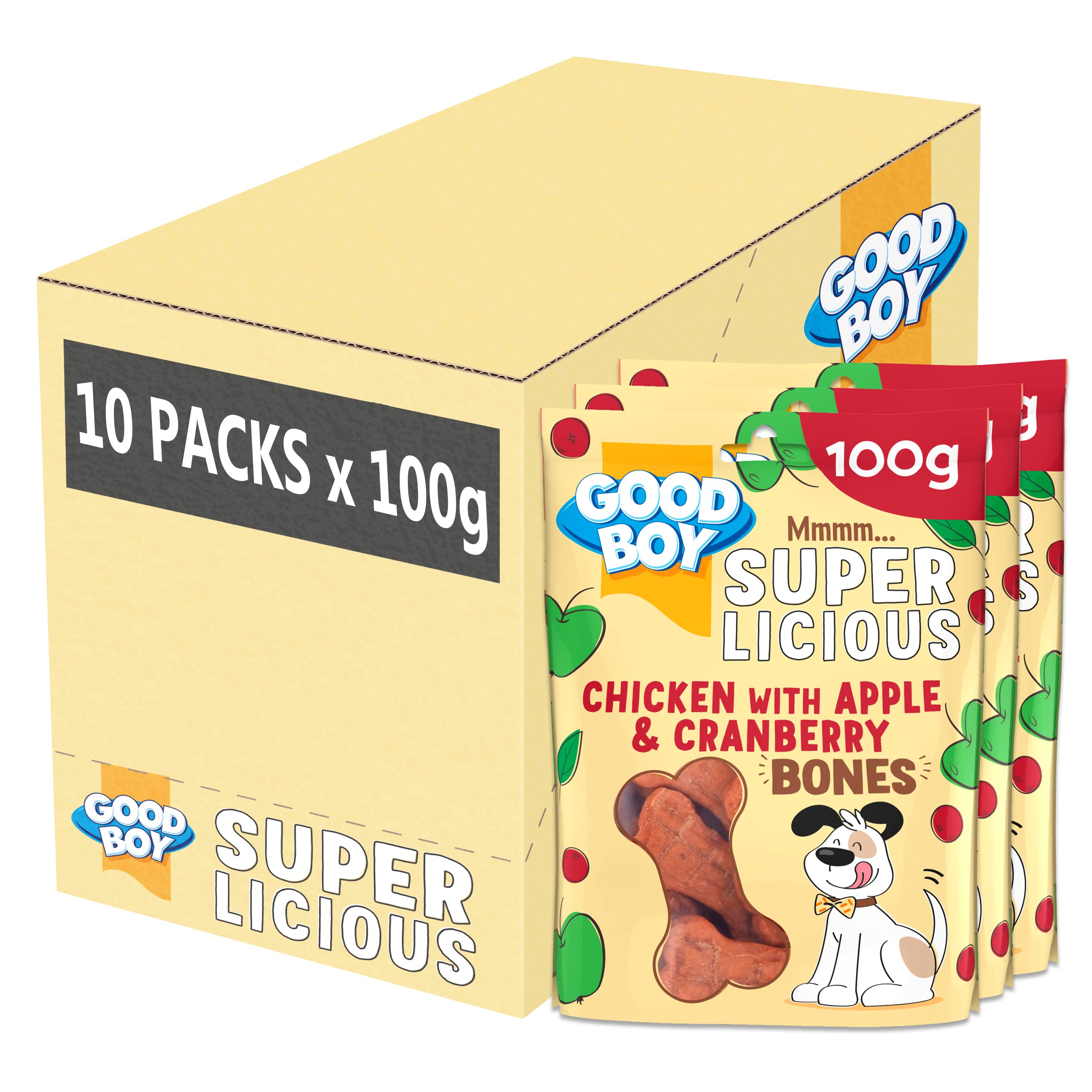 Good Boy Superlicious Chicken, Apple & Cranberry Bones - Natural Dog Treats - Low Fat Training Treats - Bulk Box - 10 x 100g