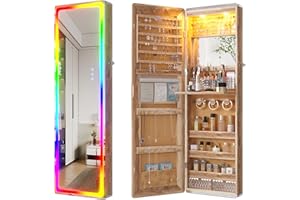 HNEBC LED Mirror Jewelry Cabinet with RGB Lights,47.2" Wall Mounted Jewelry Organizer with Full-Length Mirror,Over The Door Hanging Jewelry Armoire Storage Cabinet,Folding Dresser,2 Drawers,Lockable