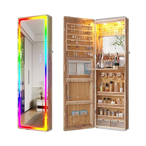 HNEBC LED Mirror Jewelry Cabinet with RGB Wall