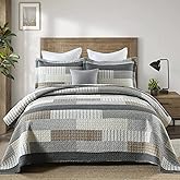 DUOHONG Quilts King Size, King Quilt Bedding Set Bedspread, 100% Cotton Patchwork Quilt for King Bed, 3 Pieces Plaid Farmhouse Reversible Lightweight Comforter Bed Spread, Grey/Tan/Black