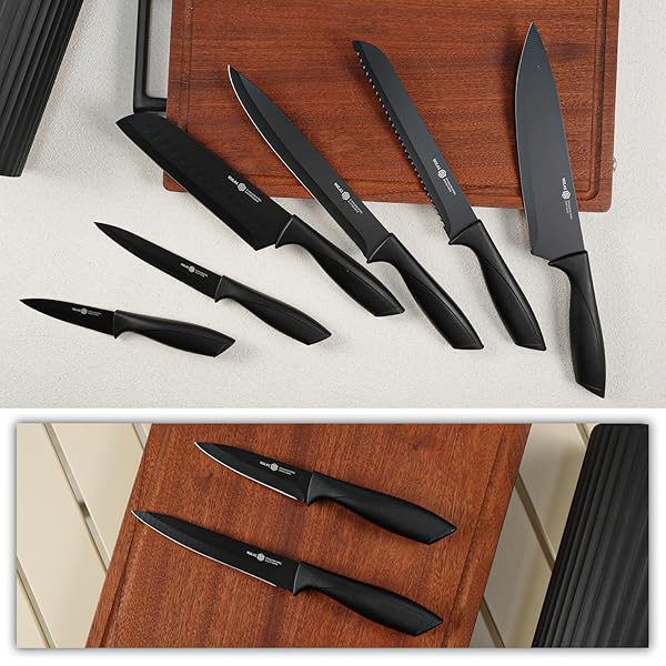 NULAS KNIFE SET, 8-PIECE KITCHEN KNIFE SET WITH UNIVERSAL BLOCK – ANTI-RUST CHEF KNIVES, ERGONOMIC DESIGN, DISHWASHER SAFE (BLACK)
