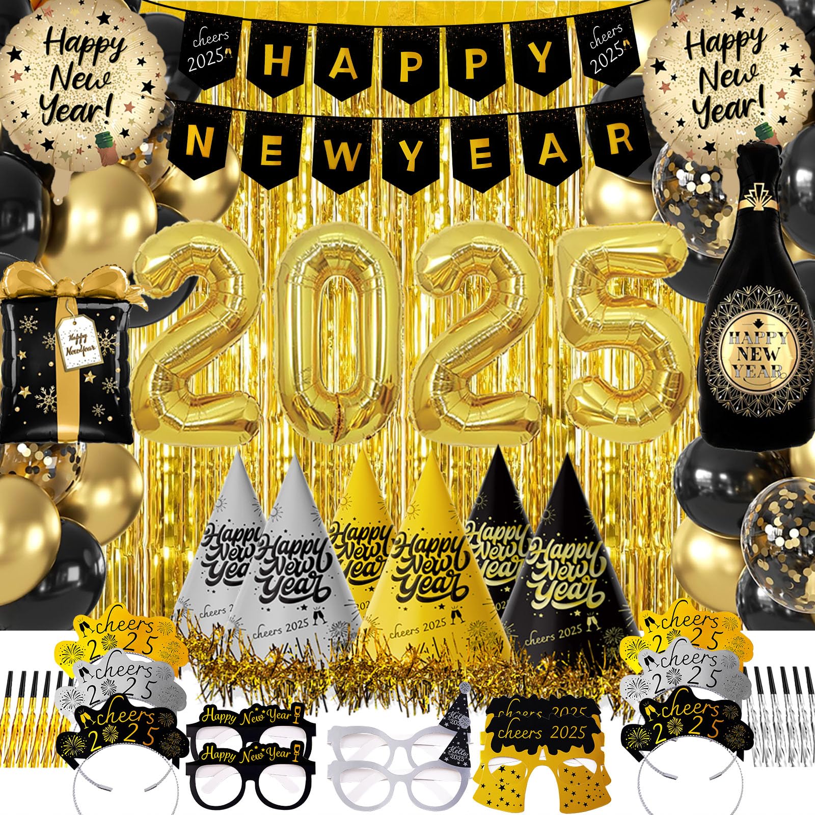 New Years Eve Party Supplies 2026-73 PCS Happy New Years Decorations-Party Favors Includes Hats, Banner, Glasses, Tiaras, Squawkers Blowers, Balloons, Fringe Curtain Accessories Nye Decorations 2026