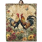 Colorful Roosters and Vintage Floral Throw Blanket for Girls Boys Kids Adults, 50x60 in, Cozy Flannel Blanket for Bedroom, Camping, Couch, Room Decor, Fuzzy Warm Soft Gifts
