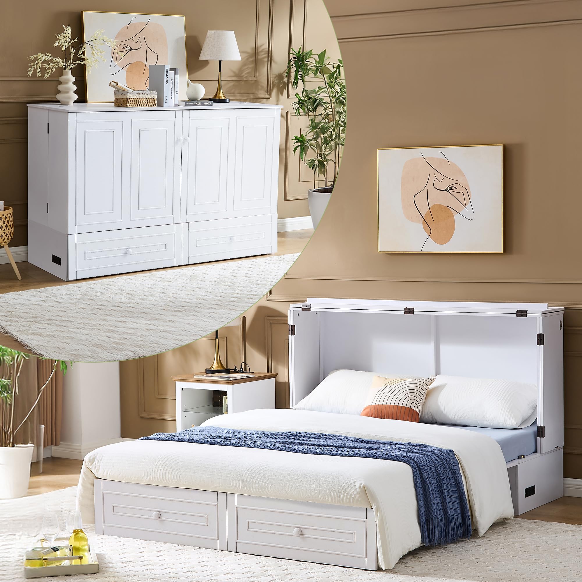 Photo 1 of **THE DESCRIPTION IS FOR REFERENCE ONLY**EDWINENE Queen Murphy Bed with Mattress Included, Murphy Bed Cabinet with Drawers and Charging Station for Small Spaces, Home Offices (Rectangular Pattern, White)