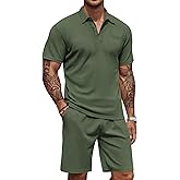 COOFANDY Men's Waffle Knit Polo Shirt and Shorts Set 2 Pieces Outfits Summer Suit Casual Tracksuit with Pockets