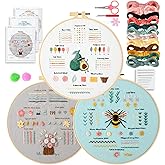 JOINRUN Beginner Embroidery Kit for Adults, 3 Pack Cross Stitch Kits with Pre-Printed Patterns, Threads, Needles, Learn Stitches with 7.8" Hoop, Video Tutorial, DIY Needlework Craft Gift for Women
