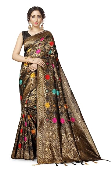 Divaastha Black Lichi Silk Floral Print Saree with Blouse Piece (APP005BLACK)
