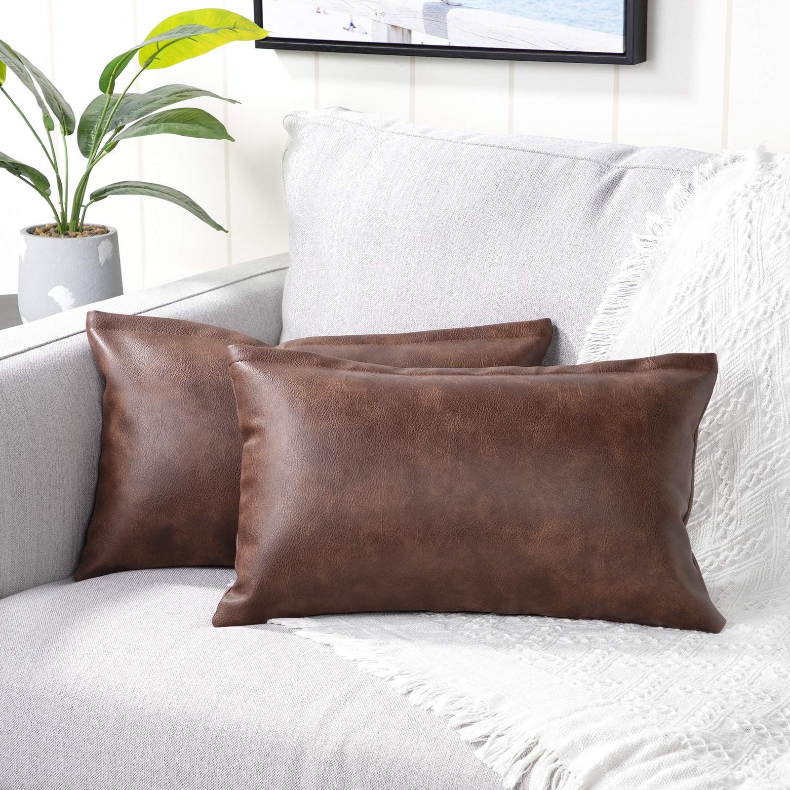 YAERTUN Set of 2 Lumbar Faux Leather Decorative Throw Pillow Covers Modern Solid Outdoor Cushion Covers Cases Luxury Pillowcases for Couch Sofa Bed 12x20 Inches Dark Brown