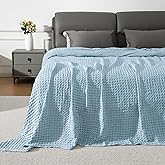 Aganear Waffle Blanket - Lightweight Breathable Summer Blanket of 50% Cotton and 50% Rayon Derived from Bamboo for Hot Sleepers Luxury Throws for Bed, Couch and Sofa,Blue,90x90 Inches