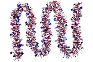 DILUNAVE 19.7 Feet Patriotic Tinsel Garland 4th of July Red White Blue Garland Artificial Independence Day Metallic Twist Hanging Garland Fireplace Wreath Decor for Staircase Railing(Star Style)