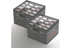 artgeeker 2 pack Shoe Organizer for Closet- Fits 16-32 Pairs, Large Foldable Shoe Storage with Clear Cover, Grey Adjustable Dividers Shoe Containers with Mesh Pockets and Pull Handles (Grey-2pack)