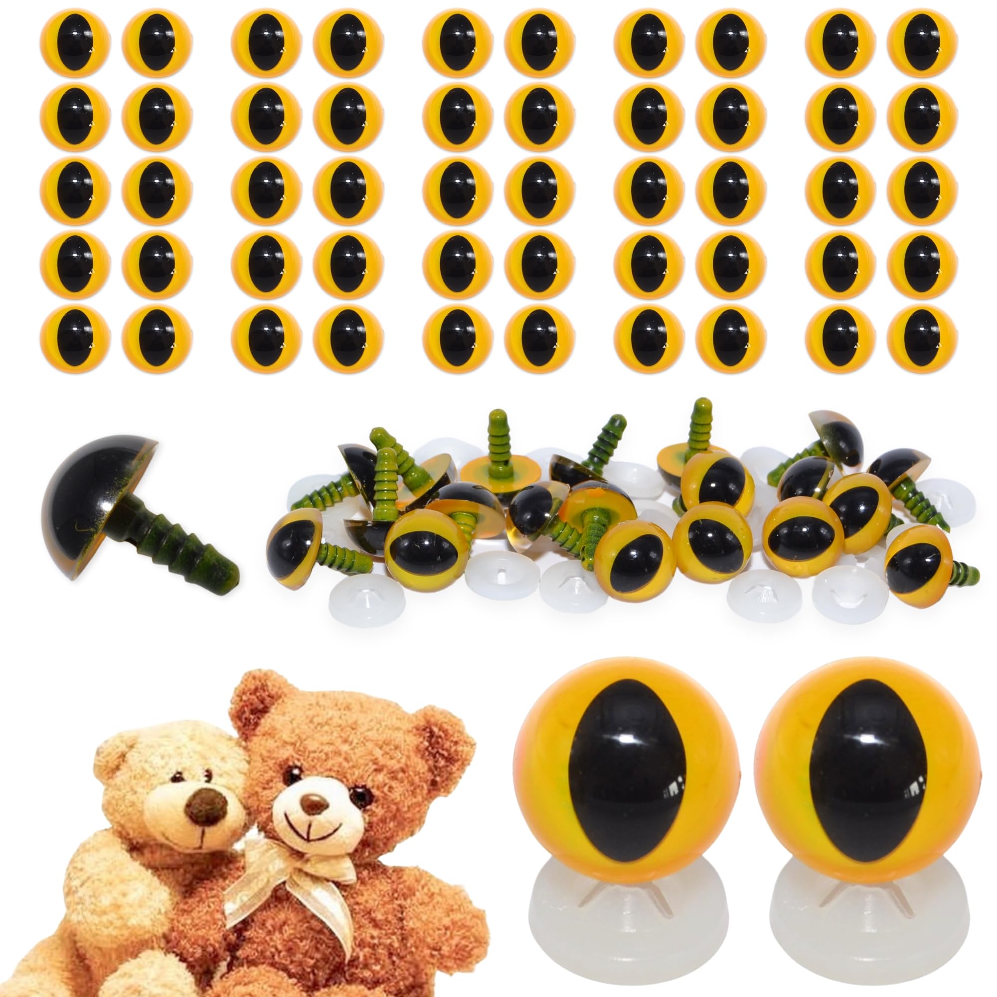 celloexpress Pack of 25 Pairs - Yellow Cat Eyes with Plastic Backs - 12mm - Safety Eyes for Soft Toy or Teddy Bear Making