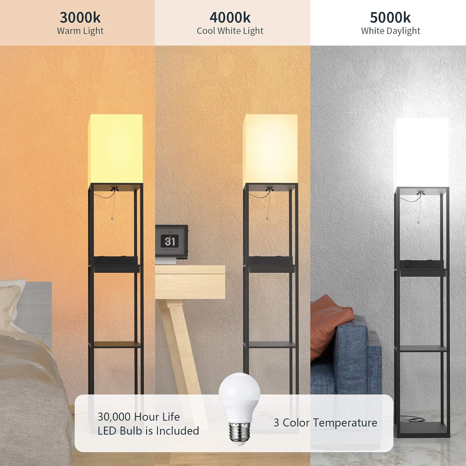 SUNMORY Floor Lamp with Shelves, Modern Dimmable Solid Wood Standing Lamp Both with 1 Drawer and 2 USB Ports & 1 Power Outlet, Corner Tall Bookshelf Lamp for Living Room and Bedroom(Black) - - 
