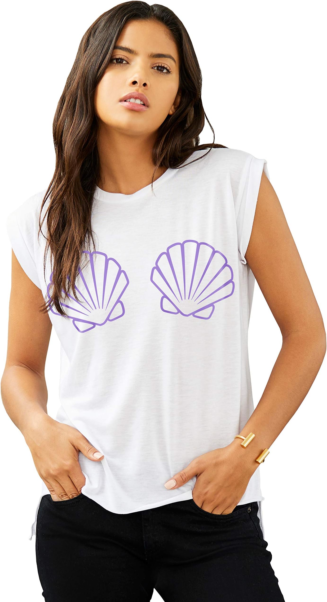Superluxe Clothing Womens Little Mermaid Shells Flowy Rolled Cuff Muscle T-Shirt