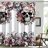 Skull Flower Butterfly Shower Curtain, 72x72 Inch Waterproof Fabric Bathroom Decor with Hooks, Gothic Floral Skeleton Themed Curtain for Women
