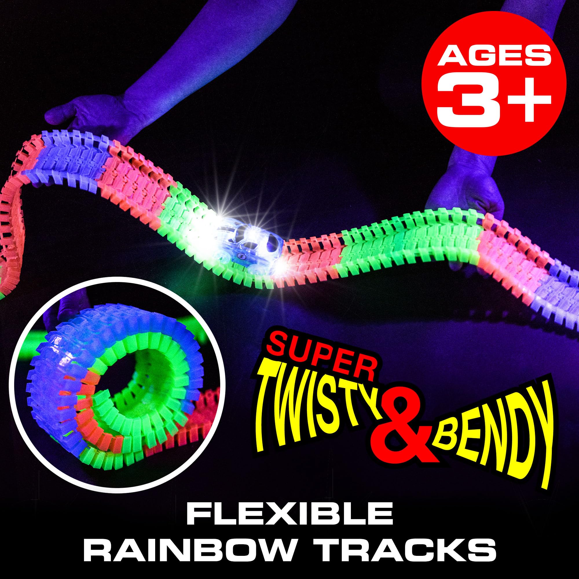 USA Toyz Glow Tracks Starter Kit Race Tracks and 2 LED Toy Cars - 216pk Glow in The Dark Bendable Flexible Rainbow Race Track Set with 2 Light Up Car Toys, STEM Building Toys for Boys and Girls