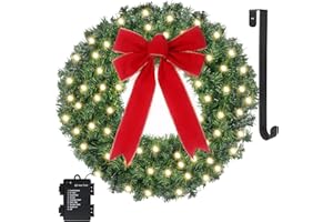 GAMEXCEL 24" Prelit Christmas Wreath with Lights - 50 LED with Timer, 8 Lighting Modes, Waterproof Battery Operated Lighted Door Wreath - Including Wreath Hanger and Red Bow for Christmas Outdoor Decorations