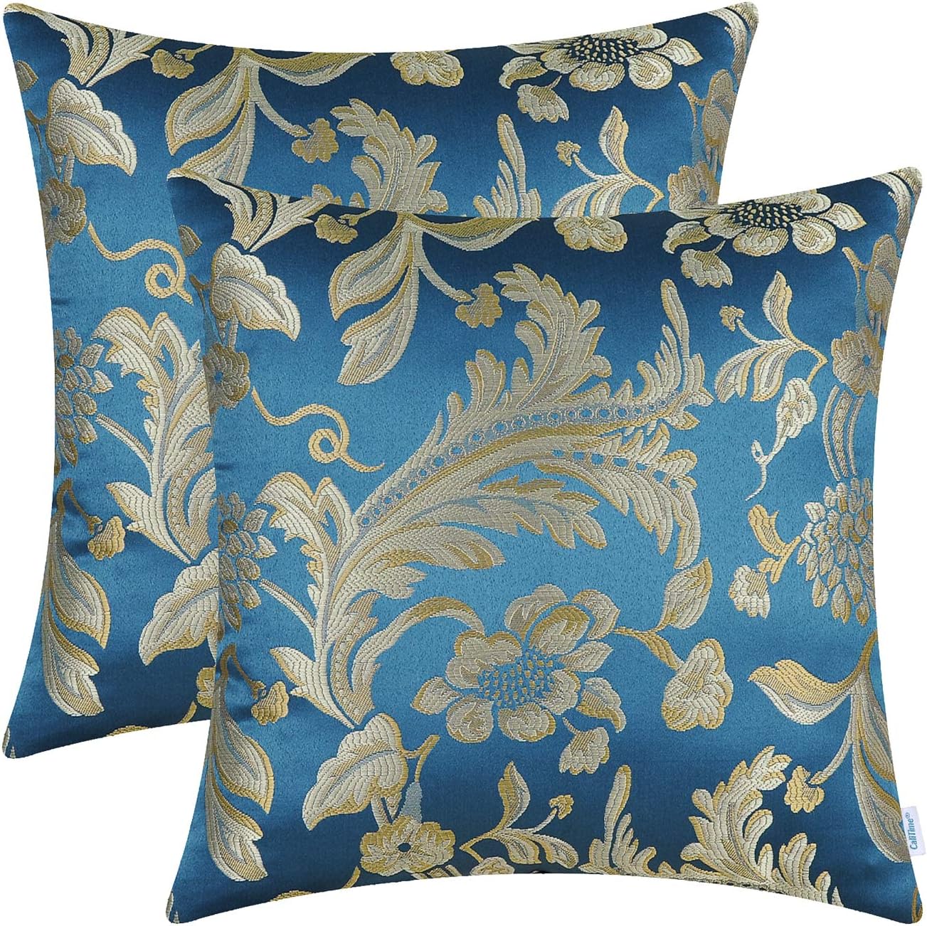 CaliTime Pack of 2 Throw Pillow Covers Cases for Couch Sofa Home Decor Vintage Floral Leaves 18 X 18 Inches Seaport Blue
