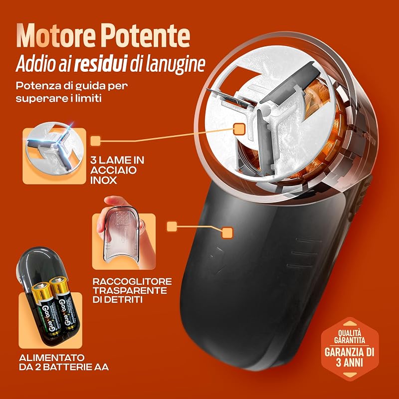 Rasatura elettrica antipelucchi – Rimuovi-pelucchi per abbigliamento, lame in acciaio inossidabile – Contenitore per pelucchi rimovibile – Batterie INCLUSE – Spazzola per la pulizia