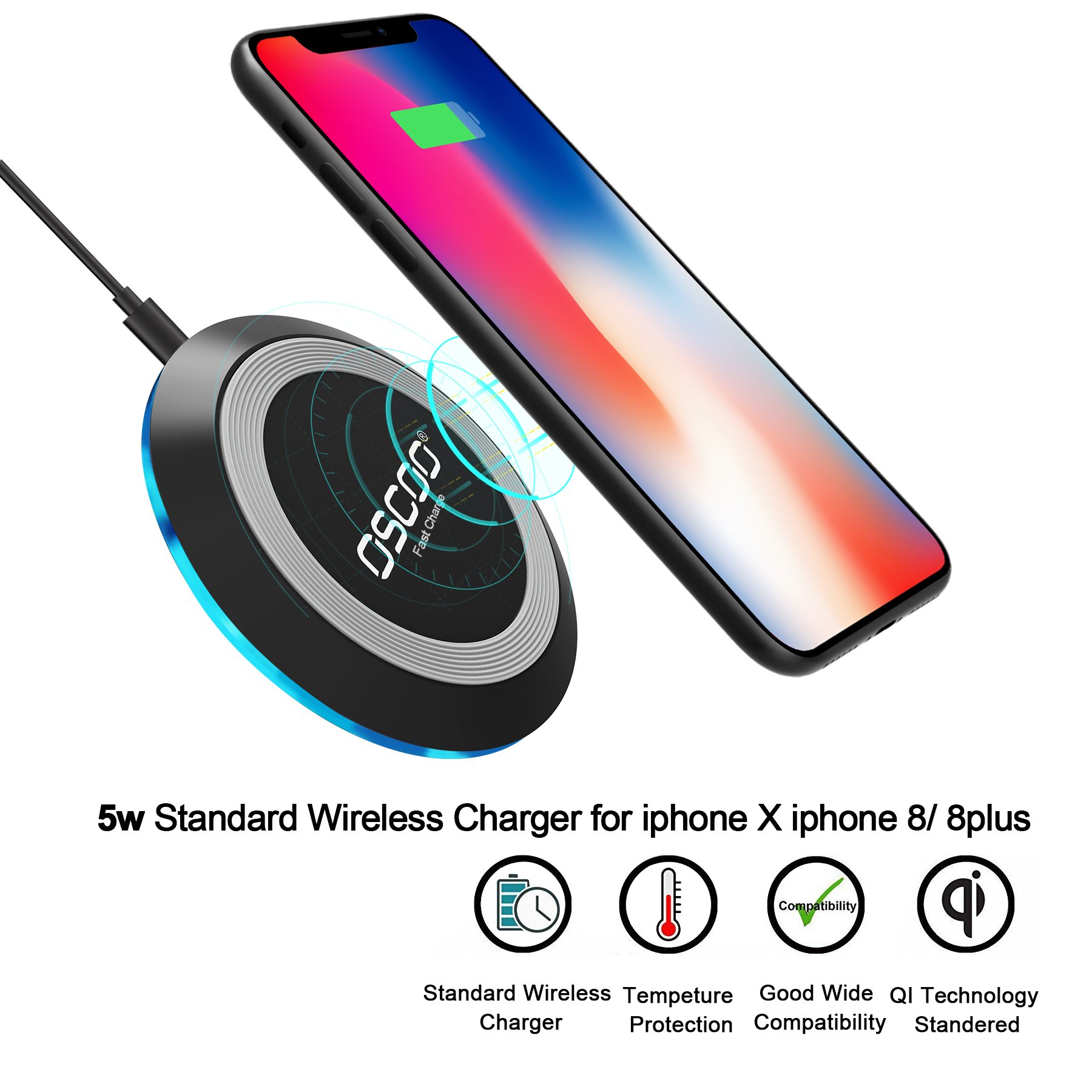 Samsung Fast wireless charger, OSCOO Qi wireless charger for iPhone X, iPhone 8/8 Plus, Samsung Note 8/S8/S8 Plus, Nokia 8, Note 5, S6 Edge+/S6/S6 Edge/S7 Edge,and All Qi-Enabled Devices.(fast black)