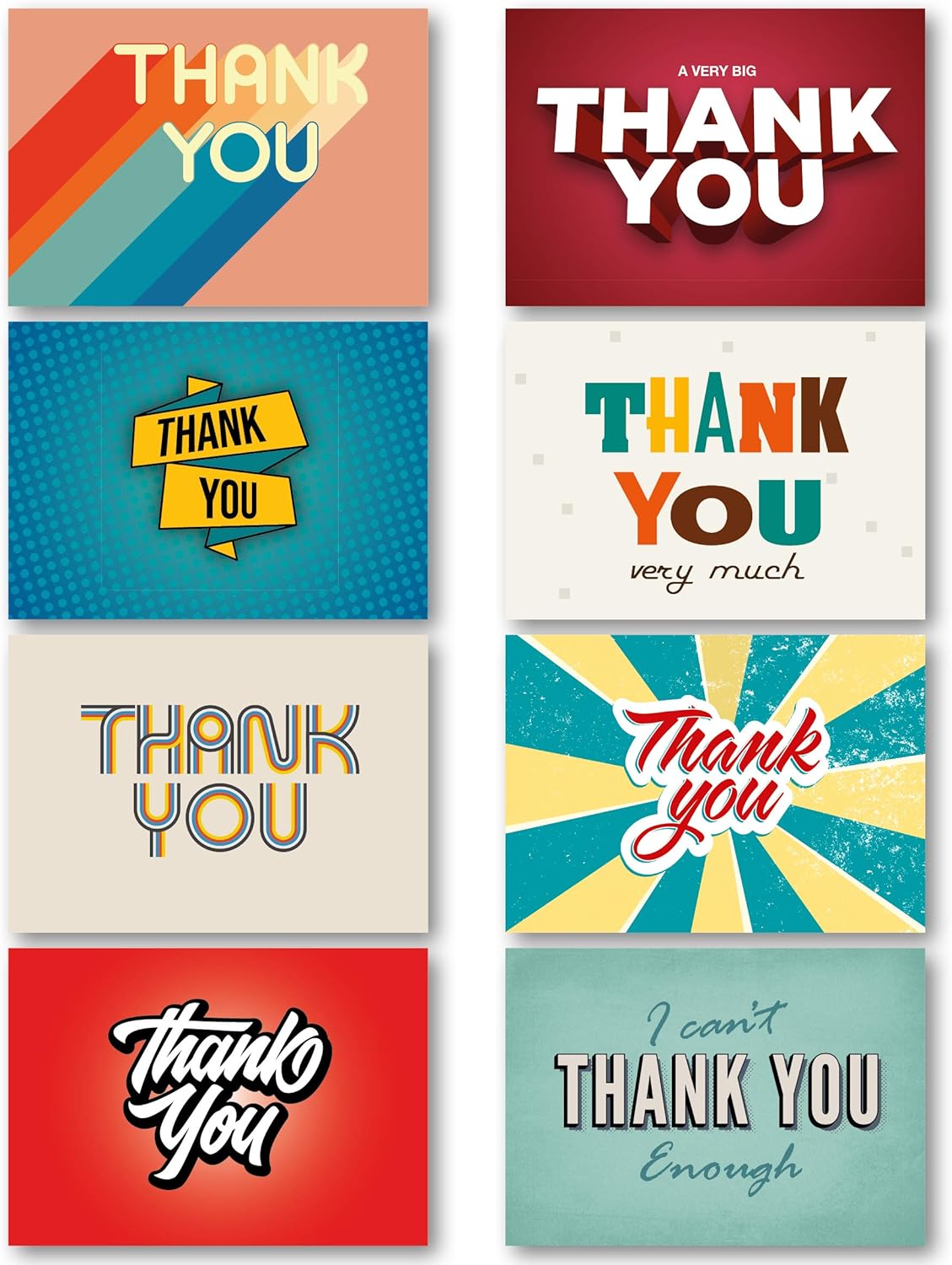 Thank You Cards Multipack (48 Pack). Each Greeting Cards Pack includes 8 Retro designs. 105 x 148mm. Blank Inside. Envelopes included. Made in UK