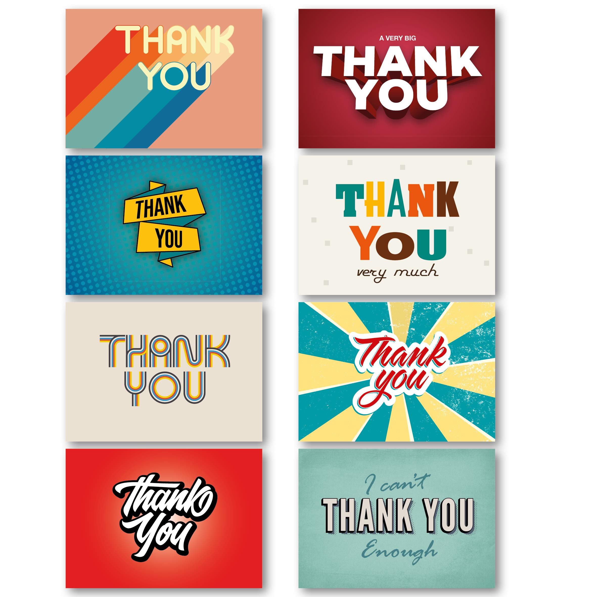 Thank You Cards Multipack (48 Pack). Each Greeting Cards Pack includes 8 Retro designs. 105 x 148mm. Blank Inside. Envelopes included. Made in UK.