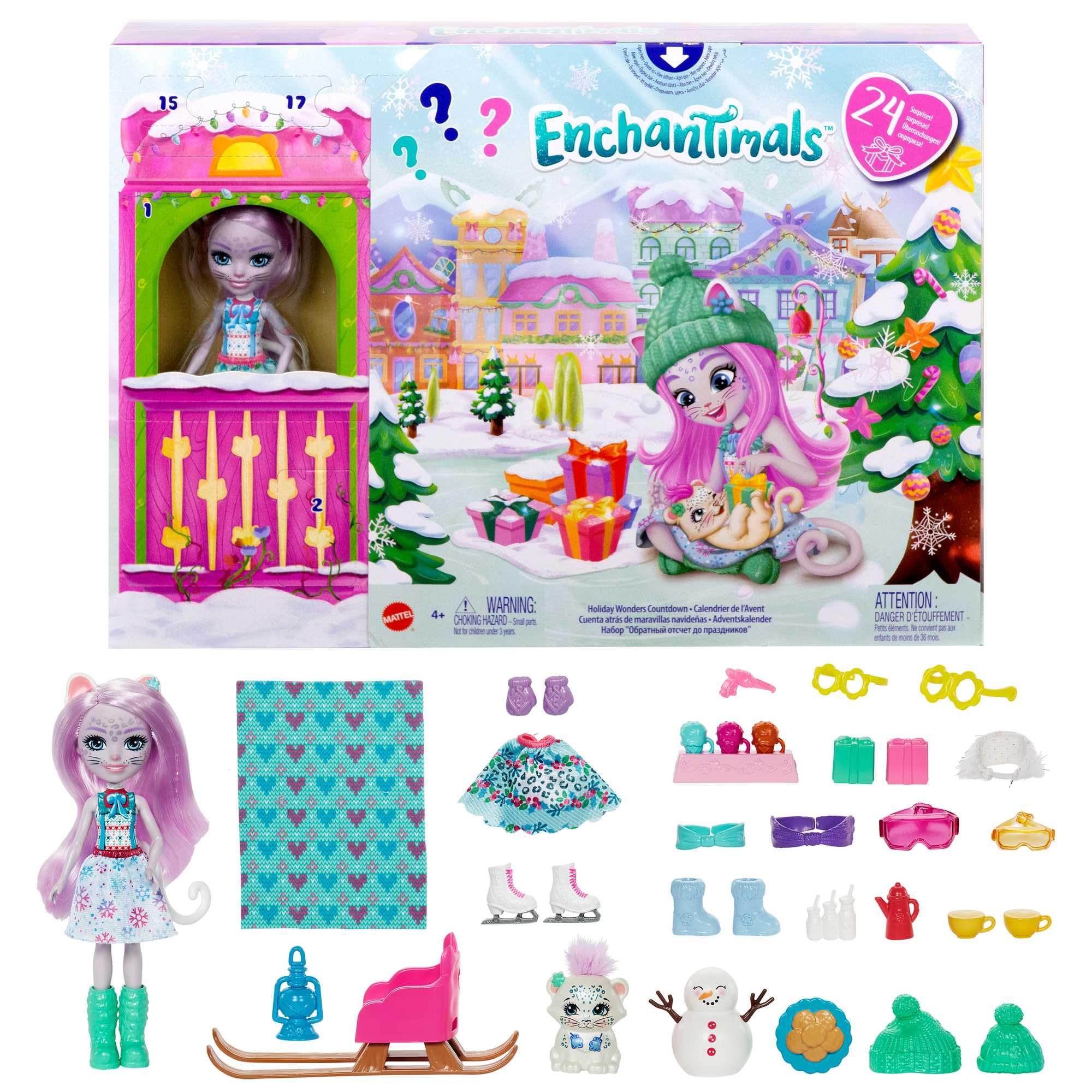 Enchantimals Advent Calendar with Sybill Snow Leopard Doll (6-in), Animal Figure, & 24 Accessories, Great Gift for Kids Ages 4Y+, HHC21