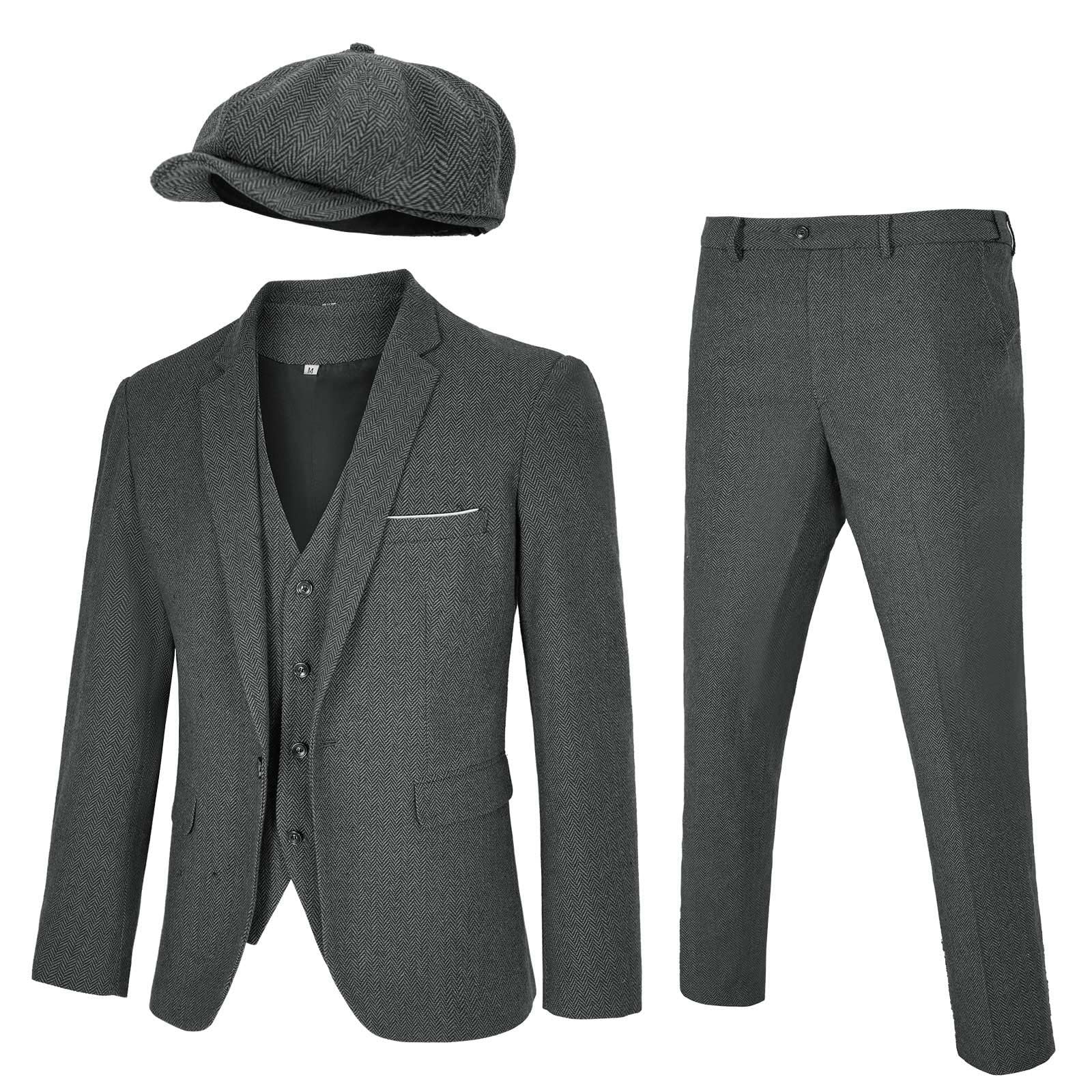 Photo 1 of Men's 4 Piece 1920s Suit One Button Vintage Suit,Jacket Vest Pants with Hat(XL,Z3727GY)