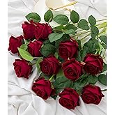 Hawesome 12PCS Artificial Flowers Fake Roses, Realistic Velvet Long Stem Red Roses Bouquet for Wedding Centerpiece Home Decor Party & Valentines (Wine)