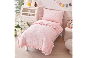 AIKASY Toddler Bedding Set 4 Pieces Super Soft Comforter Set, Shabby Boho Bohemian Design for Boys and Girls（Ruffle Fringe Comforter, Flat Sheet, Fitted Sheet and Pillowcase）- Coral Pink