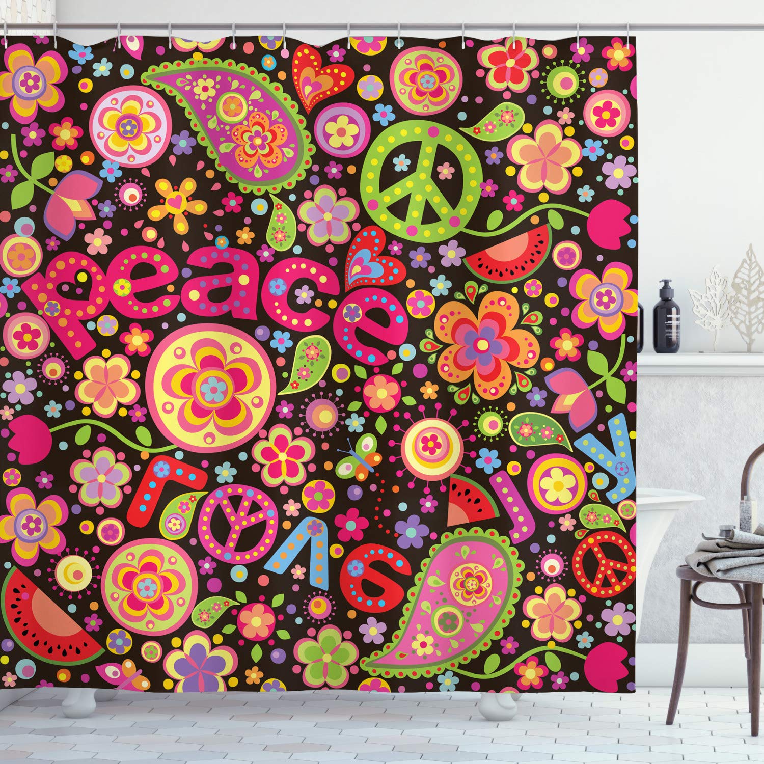 ABAKUHAUS Groovy Shower Curtain, Hippie Colorful Paisley Leaves Music Keys Typography Idealism Historic Revolution, Cloth Fabric Bathroom Decor Set with Hooks, 94 Inches, Multicolor