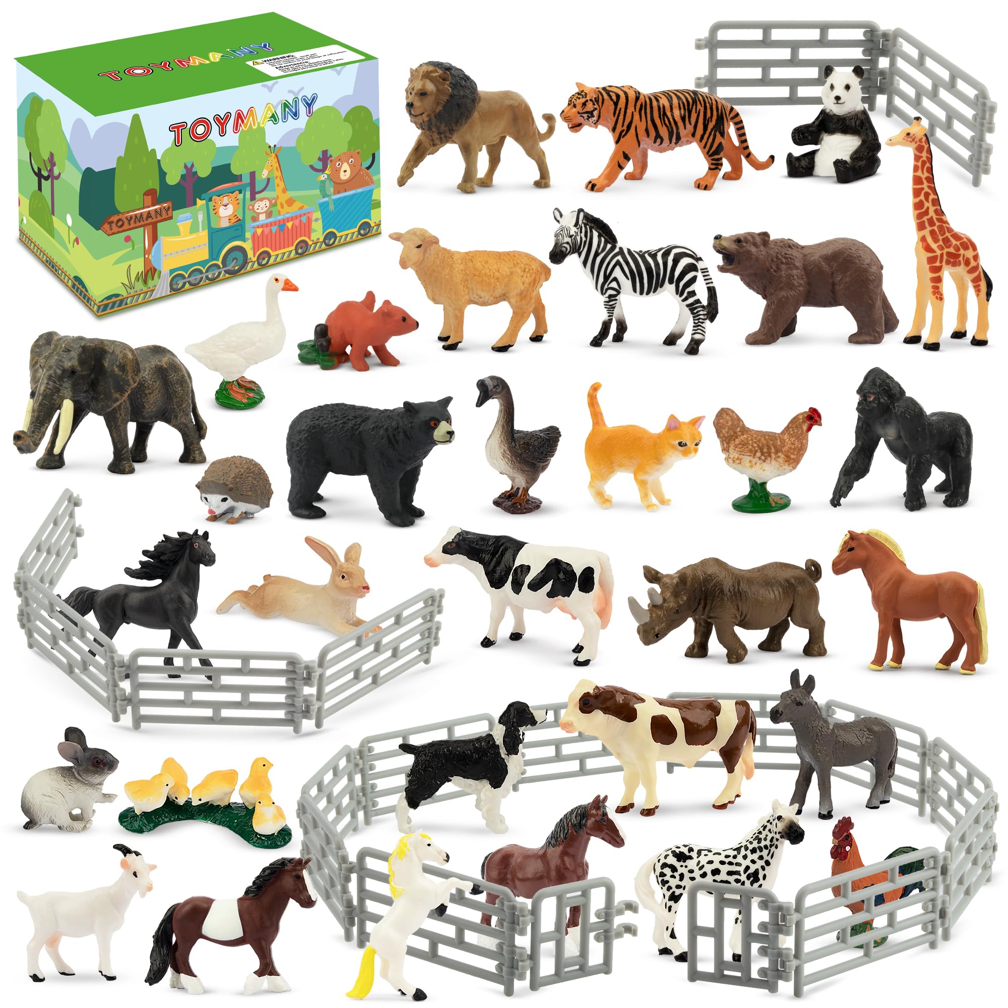 toymany 50PCS Small Animal Figures, Realistic Mini Jungle Animals Figurine, Horse and Farm Figure with Fence Toys, Cake Topper Birthday Gift Party Favor for Kids Toddlers