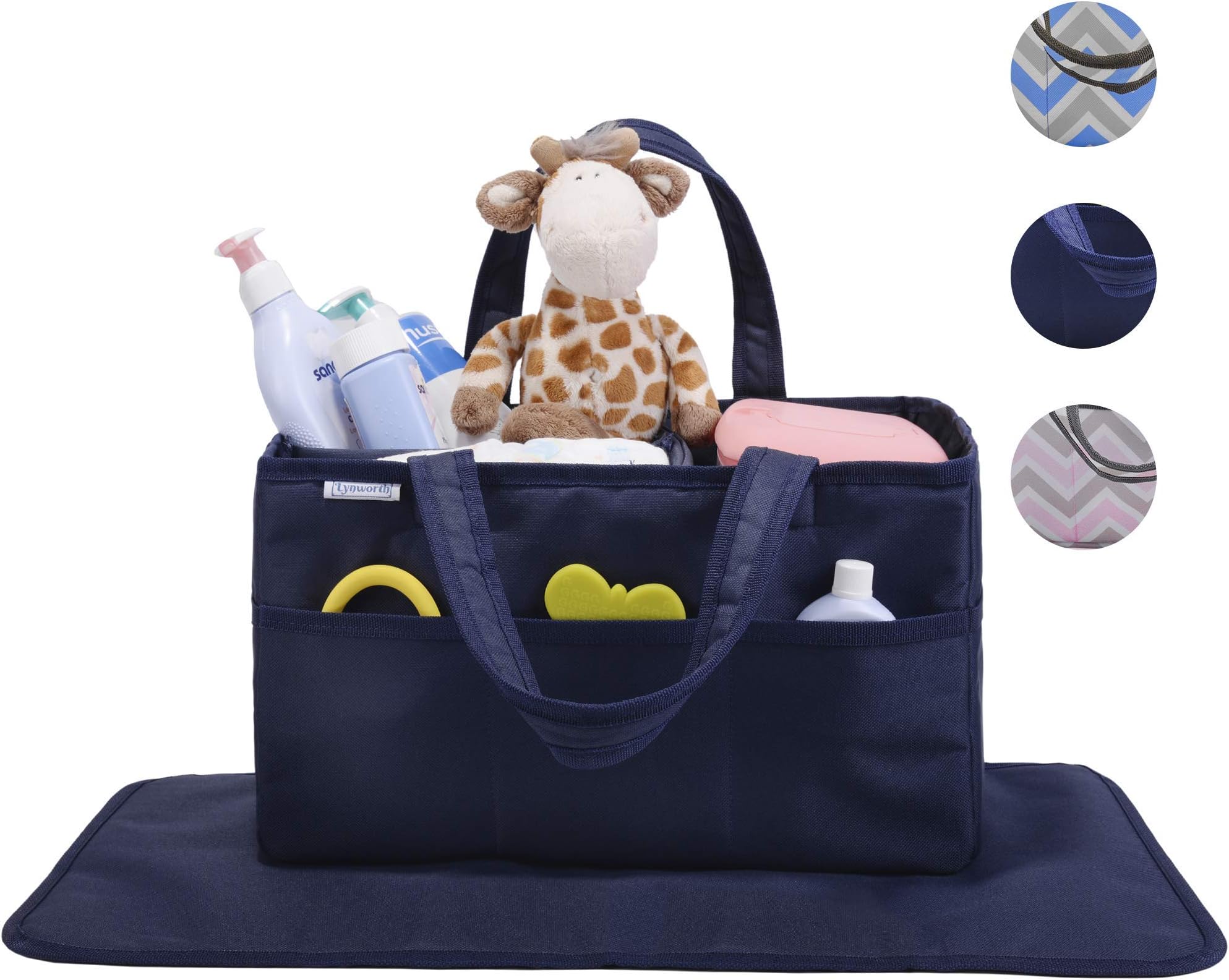 Diaper Caddy, Nursery Organizer: Best Navy Blue Portable Washable Diaper Caddy Organizer with Large Storage Space. Free Changing Pad (Navy, Large)