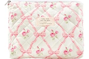 Sminra Makeup Bag Large Travel Quilted Cosmetic Makeup Bag Organizer, Floral Cotton Coquette Aesthetic Toiletry Bag for Women Girls (Pink Bow Flowers)
