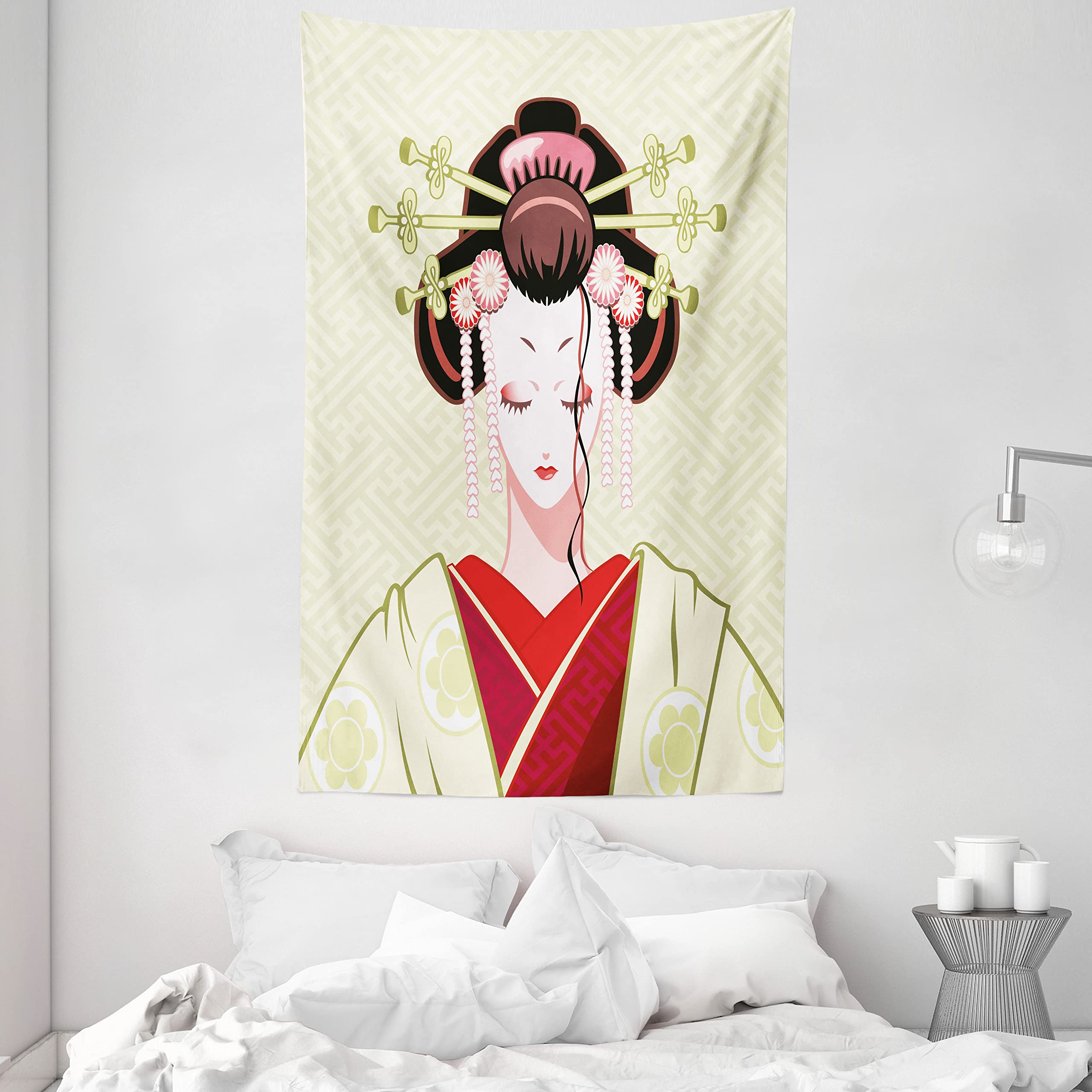 ABAKUHAUS Japanese Tapestry, Geisha Woman Portrait Traditional Kimono Maiko Cultural Hairdo, Fabric Wall Hanging Decor for Bedroom Living Room Dorm, 140 x 230 cm, Light Yellow Green Red
