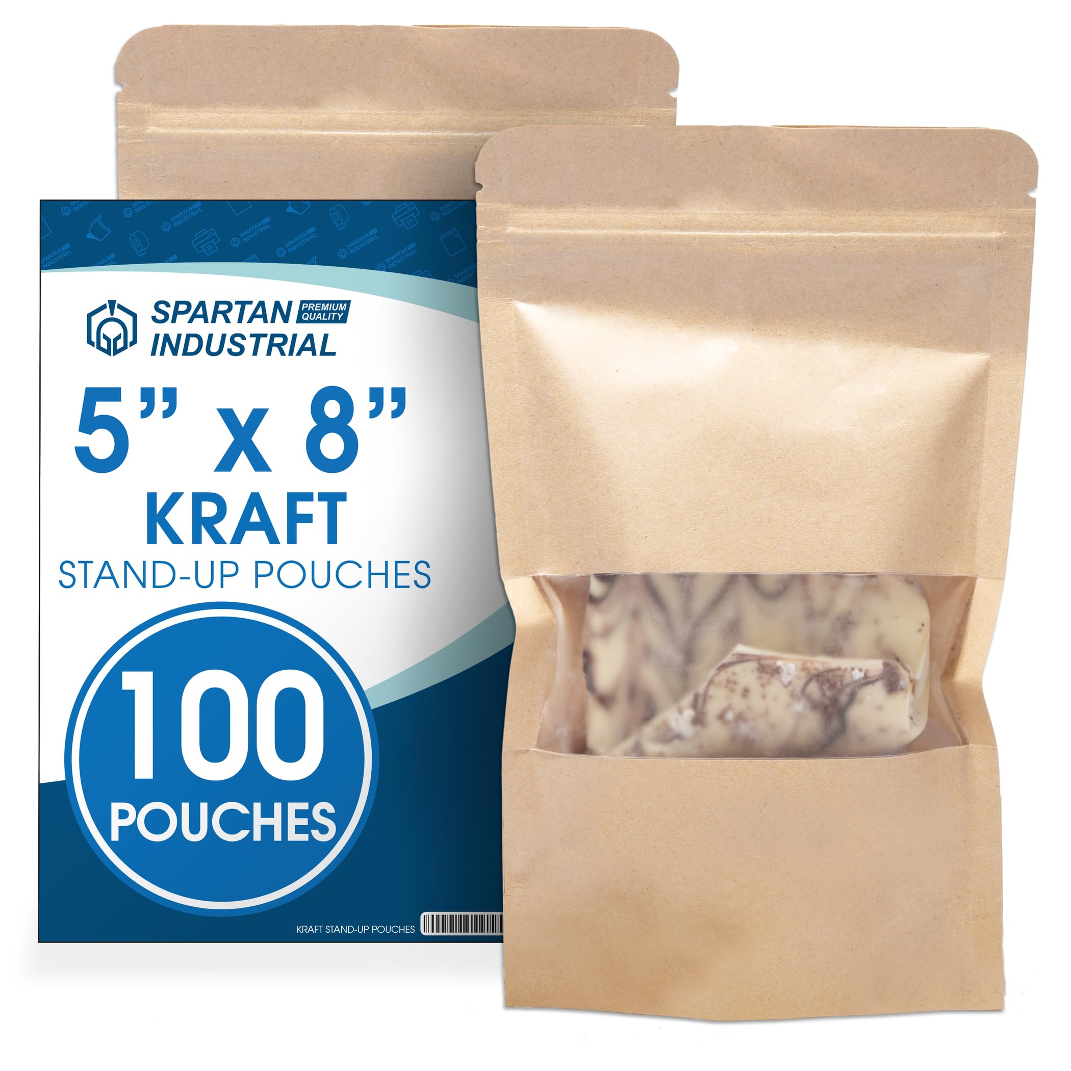 Photo 1 of Spartan Industrial - 5" X 8" Kraft Zip Top Food Storage Bags - Pack of 100 Smell-Proof Resealable Pouches for Packaging Coffee, Tea, Spices, Snacks, and More