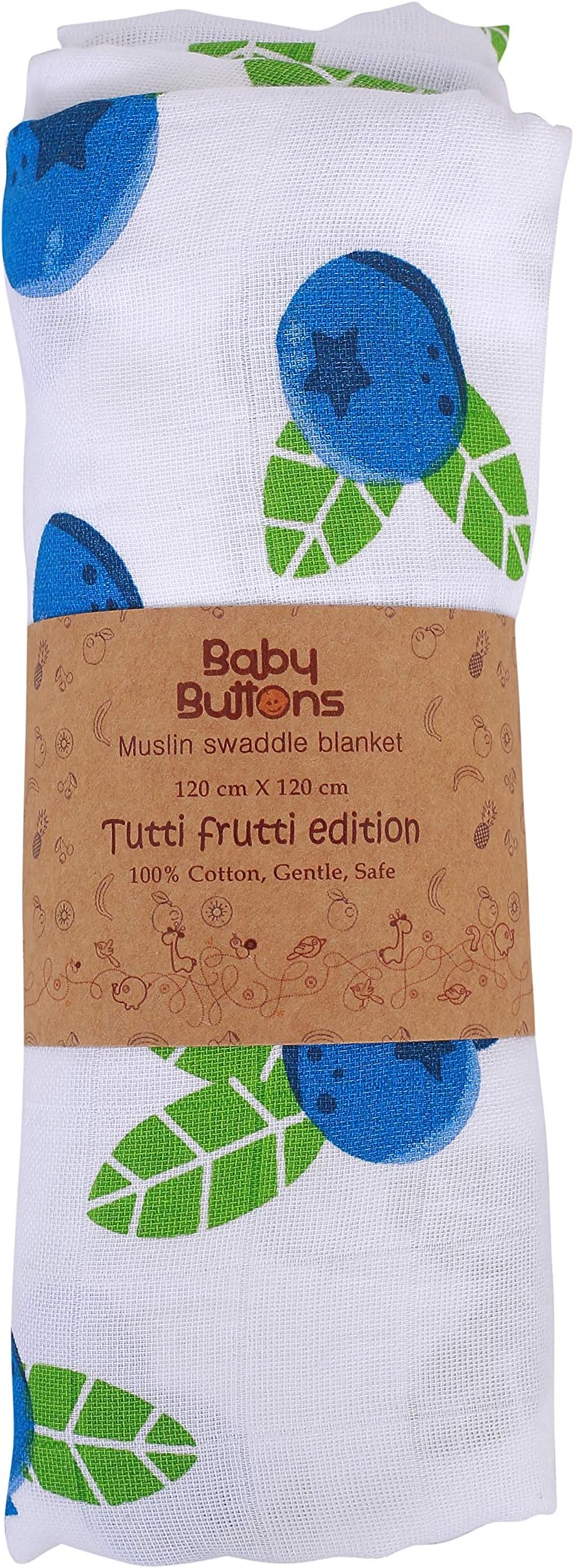 BabyButtons Muslin Cotton Tutti Frutti Edition Organic Cute Print Swaddle Wrap for Babies (Yummy Berry, 120 x 120 cm)