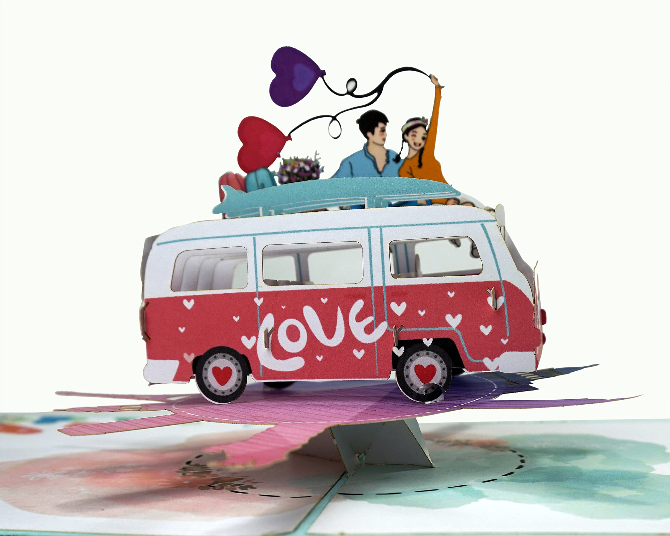 Love Van couple travelling Pop Up 3D Card. Romantic valentines greeting card for Her,Girlfriend,Wife,Him,Boyfriend,Husband. 15cmx15cm