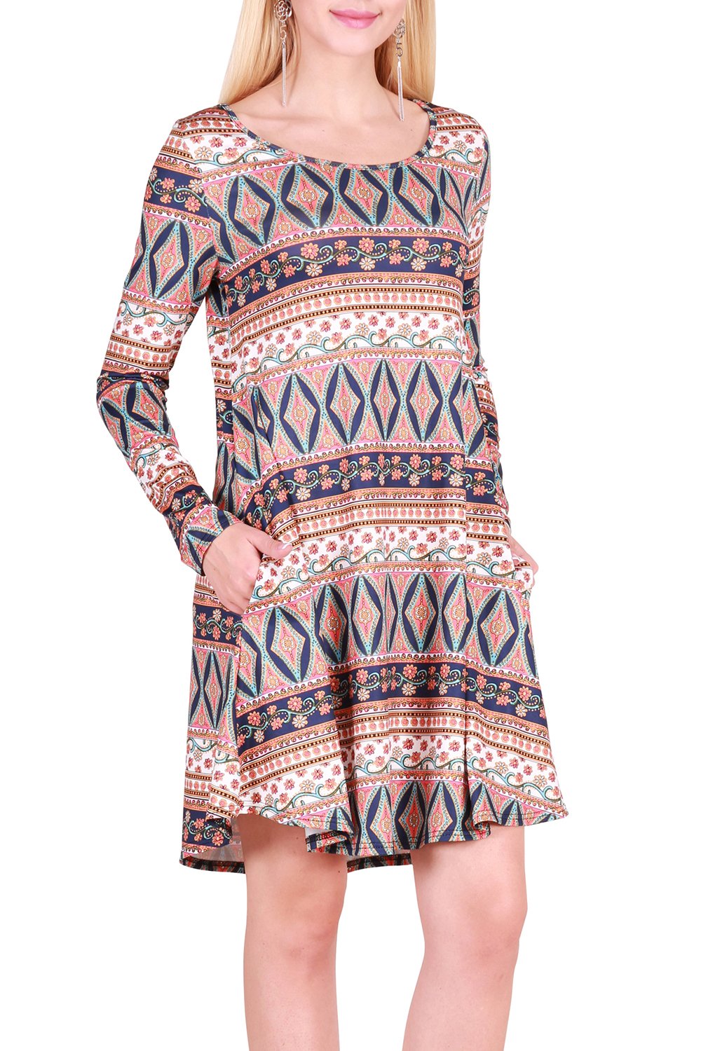 DawnRaid Womens Long Sleeve Midi Dress with Pockets Swing Midi Sweater Dresses Floral M