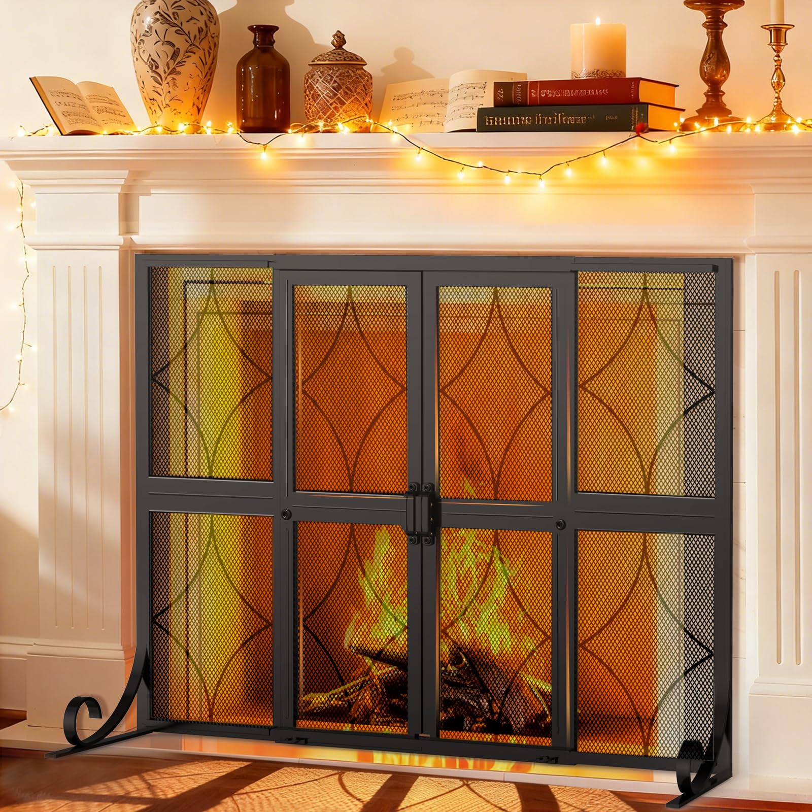 Photo 1 of Fireplace Screen with Sliding Doors, 35" W x 28" H H Modern Wrought Iron Fire Spark Guard Cover for Christmas Decorative, Baby and Pet Proof, Small