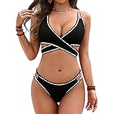 Fayenne Womens Bikini Sets Color Block Textured Two Piece Swimsuit Crisscross Bathing Suit with Adjustable Double Straps