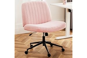 DUMOS Criss Cross Chair with Wheels, Legged Office Armless Wide Desk Seat with Dual-Purpose Base, Adjustable Swivel Teddy Fabric Task Vanity Home Bedroom, Pink